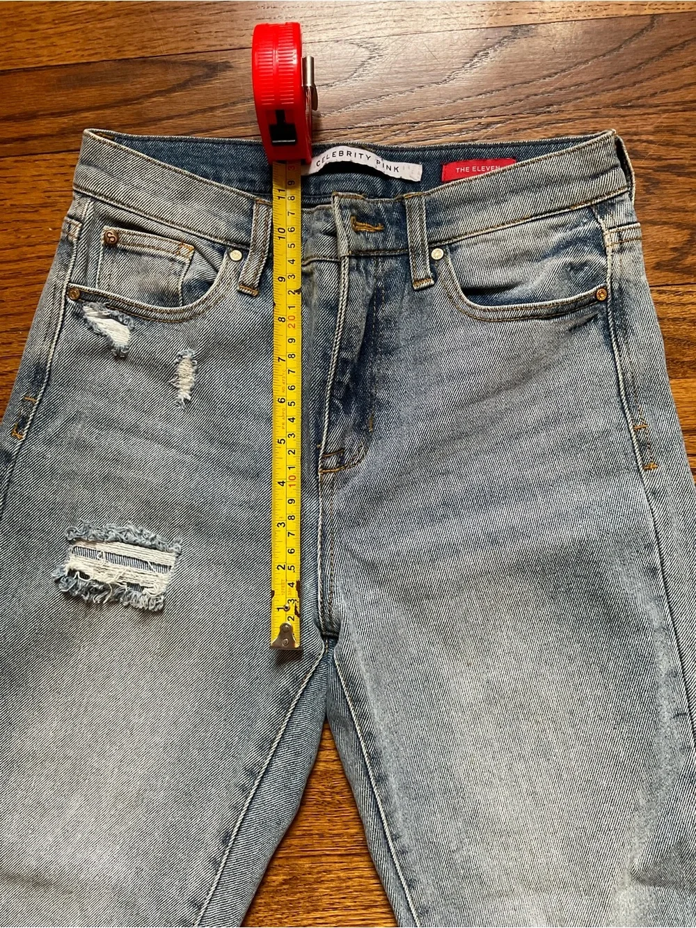Celebrity Pink Blue Denim Jeans with Gold Accent Button
